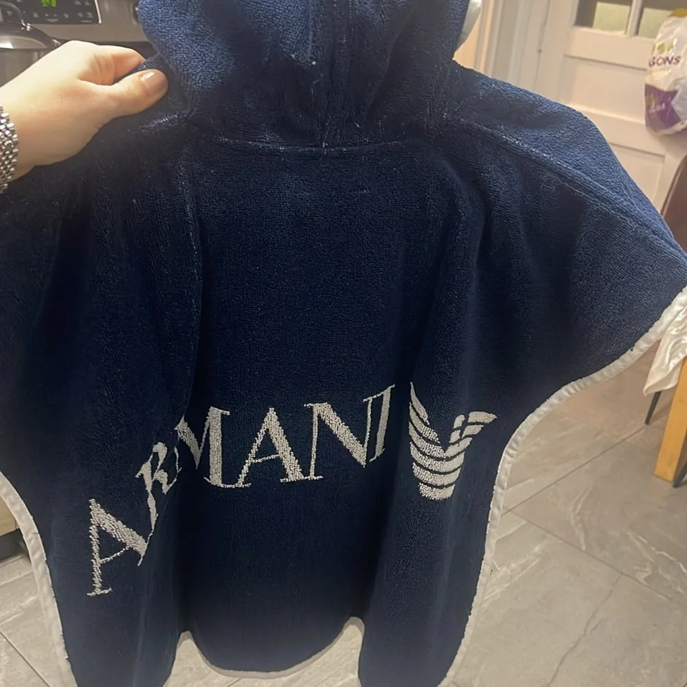 Giorgio Armani Kids Navy Blue Hooded Towel Poncho - Picture 2 of 5